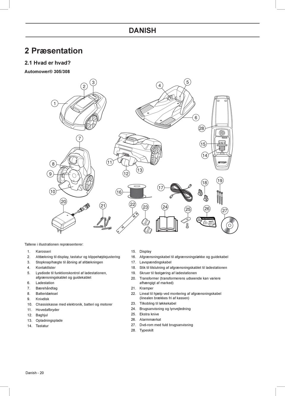 Lysdiode til funktionskontrol af ladestationen, afgrænsningskablet og guidekablet 6. Ladestation 7. Bærehåndtag 8. Batteridæksel 9. Knivdisk 10. Chassiskasse med elektronik, batteri og motorer 11.
