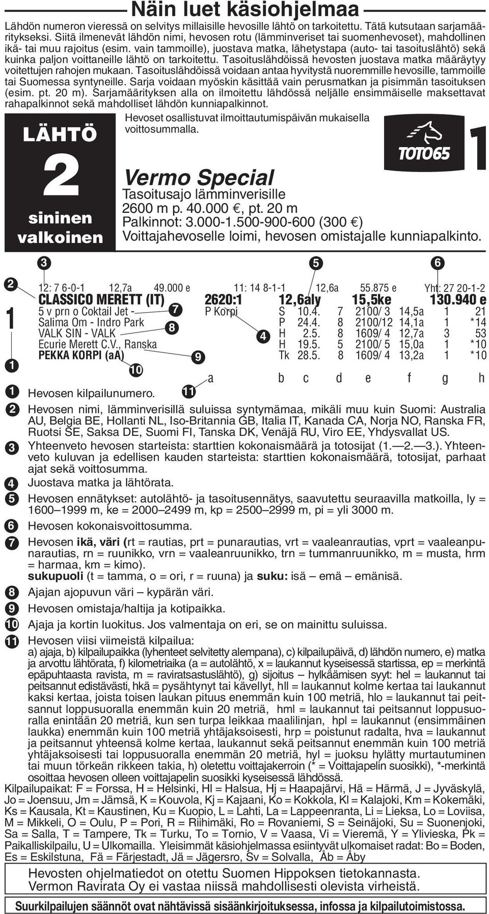 vain tammoille), juostava matka, lähetystapa (auto- tai tasoituslähtö) sekä kuinka paljon voittaneille lähtö on tarkoitettu.