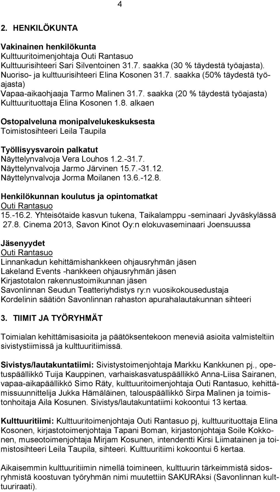 alkaen Ostopalveluna monipalvelukeskuksesta Toimistosihteeri Leila Taupila Työllisyysvaroin palkatut Näyttelynvalvoja Vera Louhos 1.2.-31.7. Näyttelynvalvoja Jarmo Järvinen 15.7.-31.12.