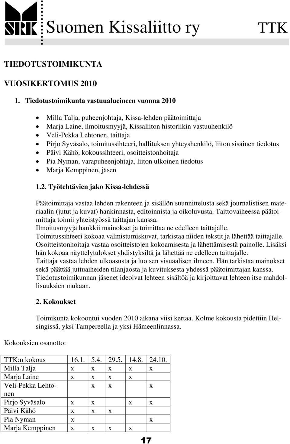 Pirjo Syväsalo, toimitussihteeri, hallituksen yhteyshenkilö, liiton sisäinen tiedotus Päivi Kähö, kokoussihteeri, osoitteistonhoitaja Pia Nyman, varapuheenjohtaja, liiton ulkoinen tiedotus Marja