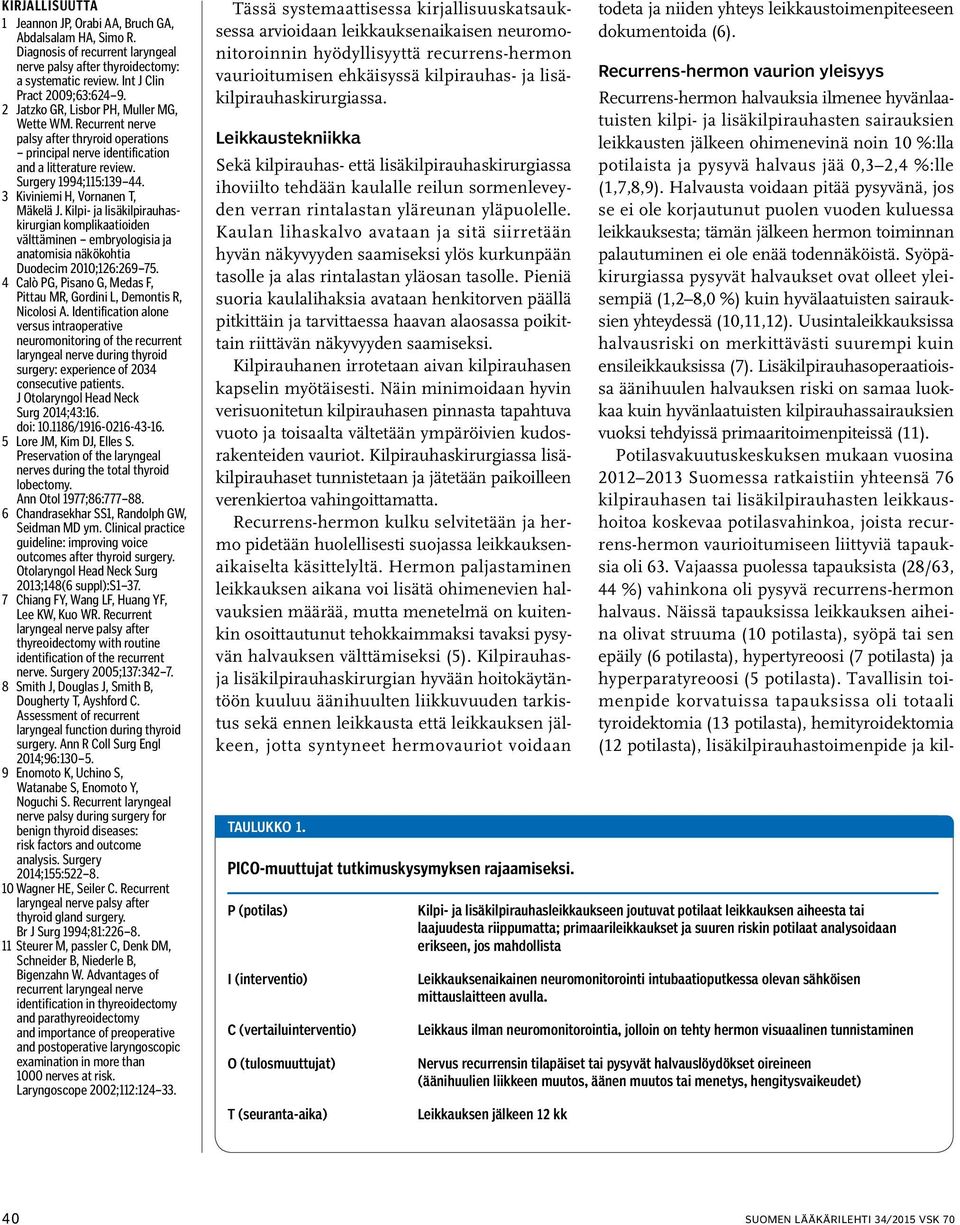 3 Kiviniemi H, Vornanen T, Mäkelä J. Kilpi- ja lisäkilpirauhaskirurgian komplikaatioiden välttäminen embryologisia ja anatomisia näkökohtia Duodecim 2010;126:269 75.