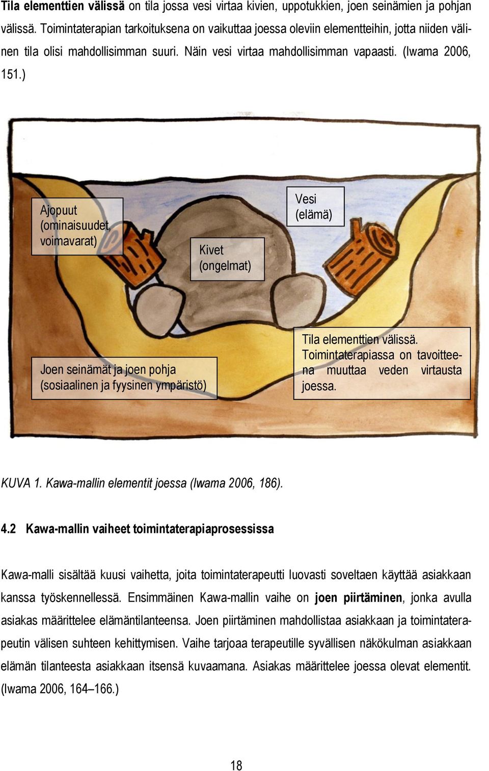 ) Ajopuut (ominaisuudet, voimavarat) Kivet (ongelmat) Vesi (elämä) Joen seinämät ja joen pohja (sosiaalinen ja fyysinen ympäristö) Tila elementtien välissä.