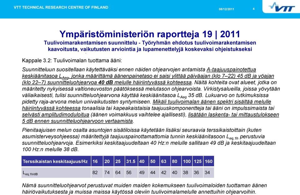 2: Tuulivoimalan tuottama ääni: Suunnitteluun suositellaan käytettäväksi ennen näiden ohjearvojen antamista A-taajuuspainotettua keskiäänitasoa L Aeq, jonka määrittämä äänenpainetaso ei saisi ylittää