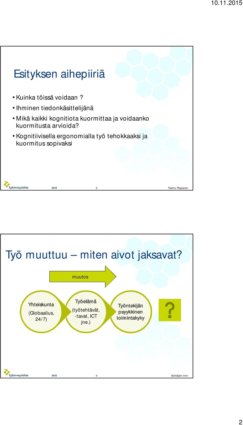 Kognitiivisella ergonomialla työ tehokkaaksi ja kuormitus sopivaksi 2015 3 Työ muuttuu miten