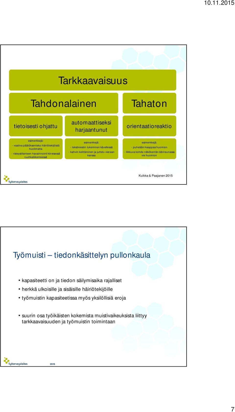 kaappaa huomion - liikkuva kohde näkökentän äärireunassa vie huomion Kuikka & Paajanen 2015 Työmuisti tiedonkäsittelyn pullonkaula kapasiteetti on ja tiedon säilymisaika rajalliset