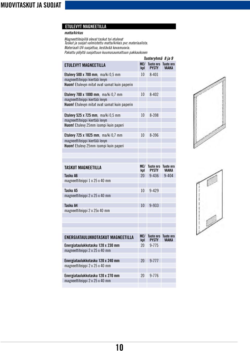 Pakattu pölyltä suojattuun kuumasaumattuun pakkaukseen Tuoteryhmä 8 ja 9 ETULEVYT MAGNEETILLA Tuote nro PYSTY Tuote nro VAAKA Etulevy 500 x 700 mm, ma/ki 0,5 mm 10 8-401 magneettiteippi kiertää levyn
