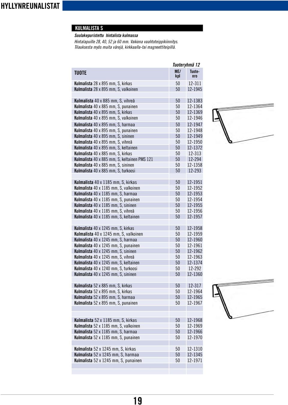 Kulmalista 40 x 895 mm, S, kirkas 50 12-1369 Kulmalista 40 x 895 mm, S, valkoinen 50 12-1946 Kulmalista 40 x 895 mm, S, harmaa 50 12-1947 Kulmalista 40 x 895 mm, S, punainen 50 12-1948 Kulmalista 40