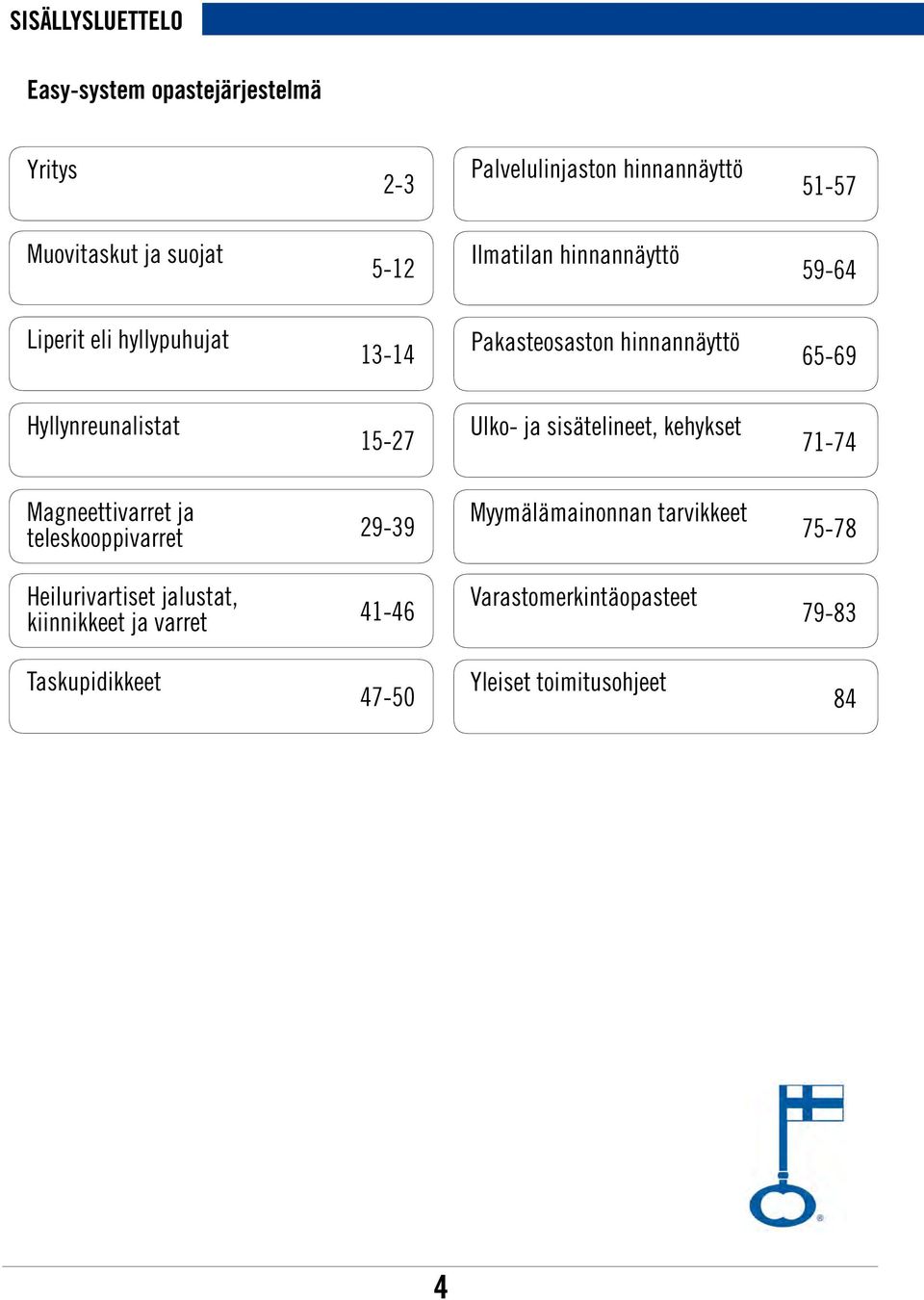 Ulko- ja sisätelineet, kehykset 71-74 Magneettivarret ja teleskooppivarret 29-39 Myymälämainonnan tarvikkeet 75-78