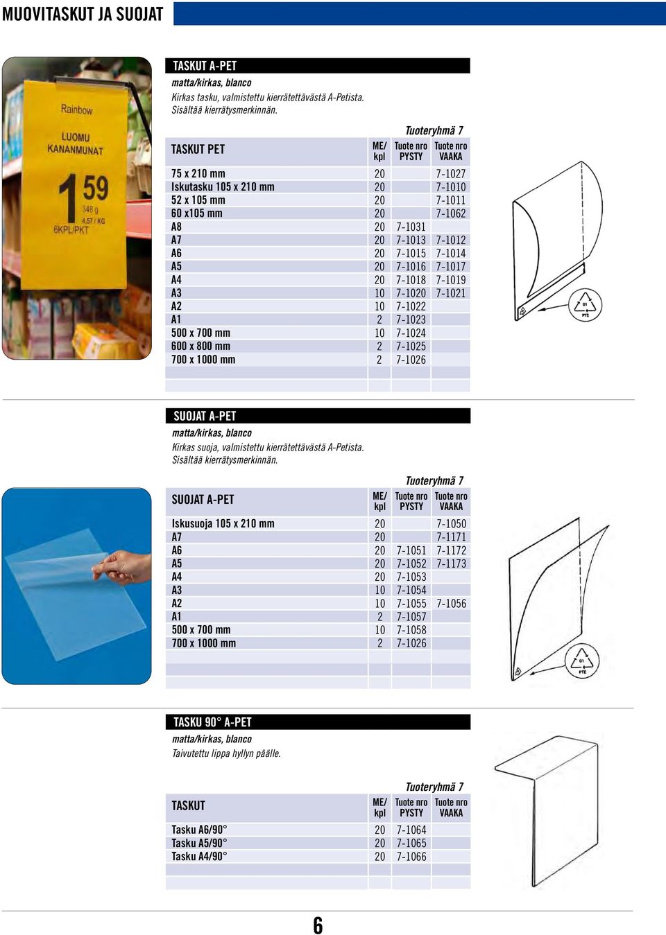 7-1014 A5 20 7-1016 7-1017 A4 20 7-1018 7-1019 A3 10 7-1020 7-1021 A2 10 7-1022 A1 2 7-1023 500 x 700 mm 10 7-1024 600 x 800 mm 2 7-1025 700 x 1000 mm 2 7-1026 SUOJAT A-PET matta/kirkas, blanco