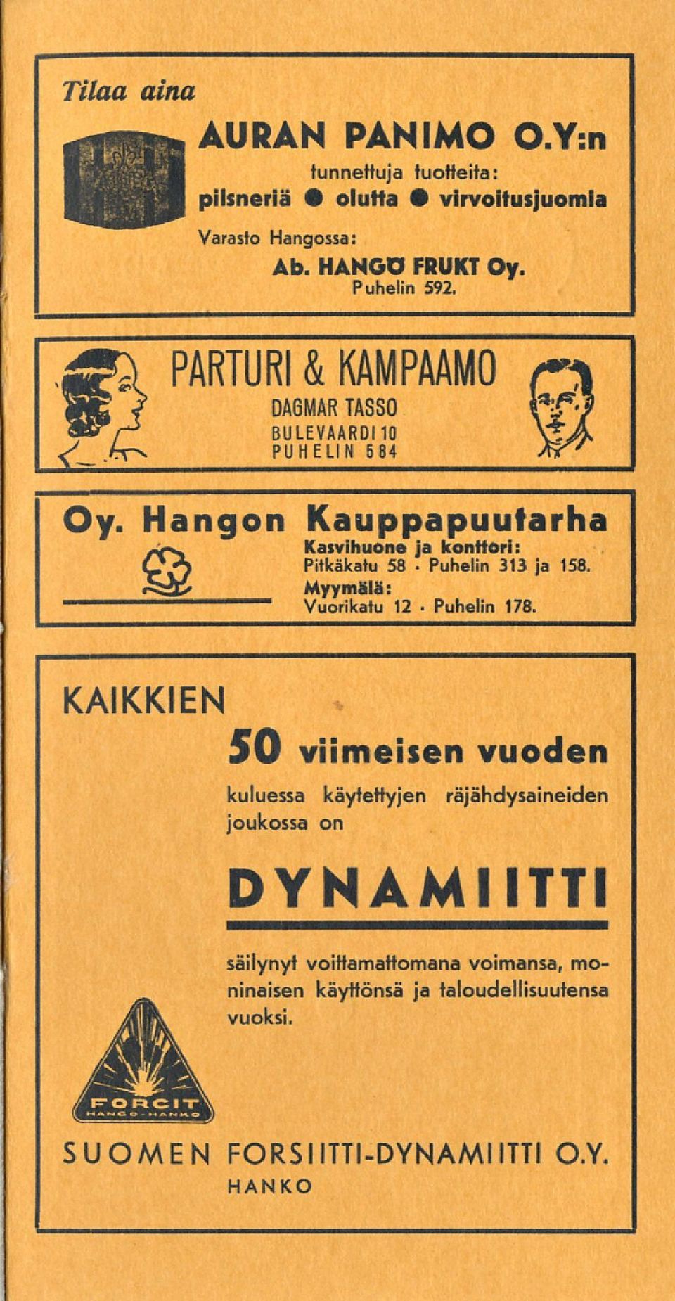 Hangon Kauppapuutarha Kasvihuone ja konttori: Pitkäkatu 58 313 ja 158.