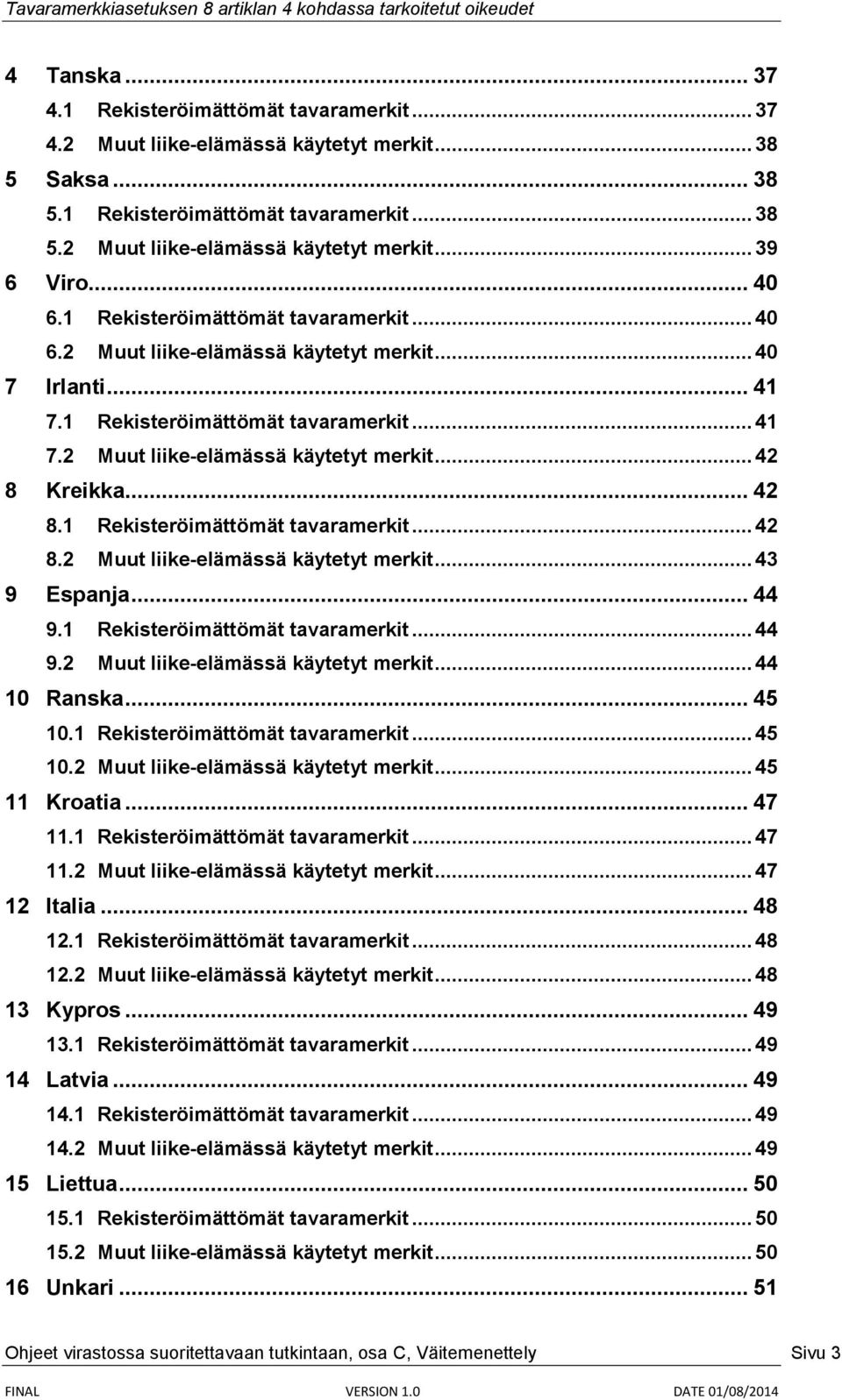 .. 42 8.1 Rekisteröimättömät tavaramerkit... 42 8.2 Muut liike-elämässä käytetyt merkit... 43 9 Espanja... 44 9.1 Rekisteröimättömät tavaramerkit... 44 9.2 Muut liike-elämässä käytetyt merkit... 44 10 Ranska.