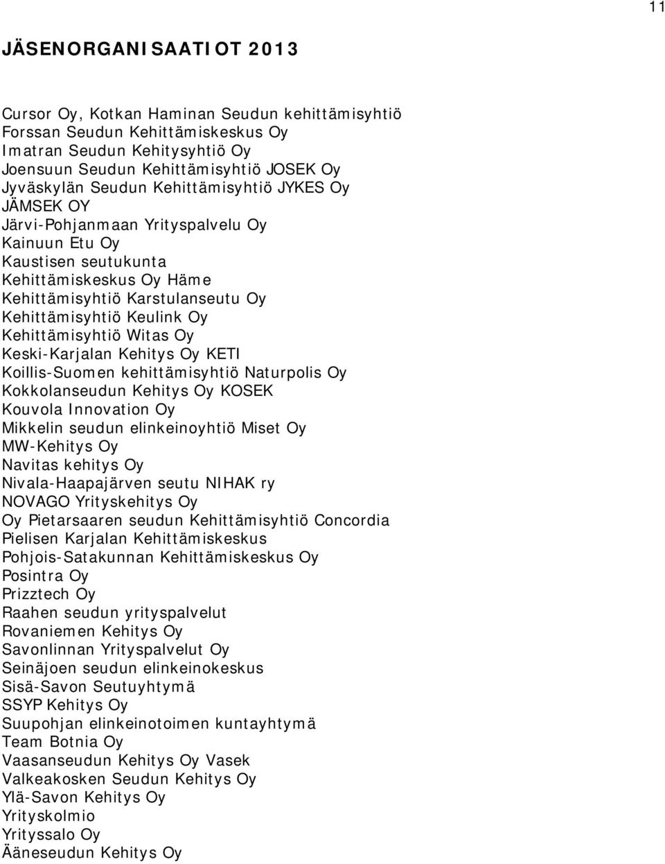 Kehittämisyhtiö Witas Oy Keski-Karjalan Kehitys Oy KETI Koillis-Suomen kehittämisyhtiö Naturpolis Oy Kokkolanseudun Kehitys Oy KOSEK Kouvola Innovation Oy Mikkelin seudun elinkeinoyhtiö Miset Oy