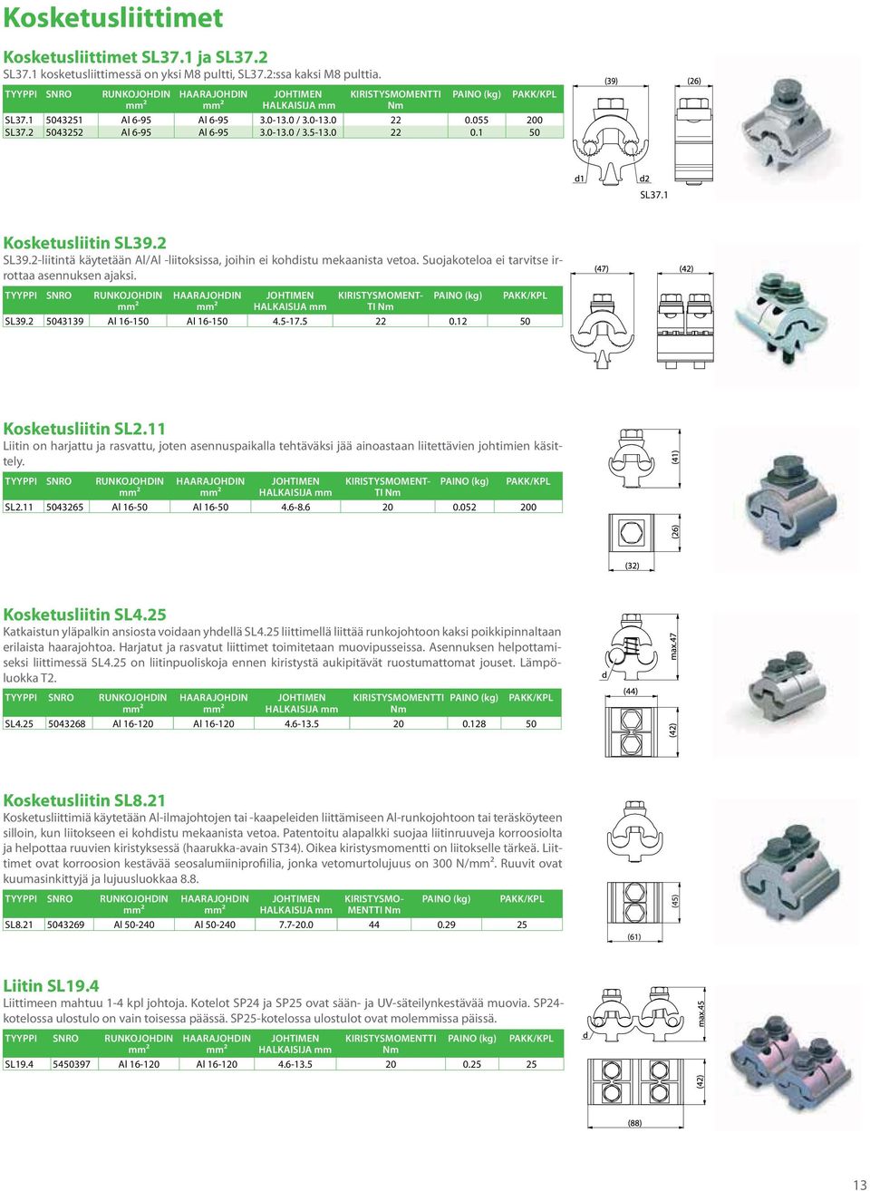 TYYPPI SNRO RUNKOJOHDIN HAARAJOHDIN HALKAISIJA KIRISTYSMOMENT- TI Nm SL39.2 5043139 Al 16-150 Al 16-150 4.5-17.5 22 0.12 50 TYYPPI SNRO RUNKOJOHDIN HAARAJOHDIN HALKAISIJA Kosketusliitin SL2.