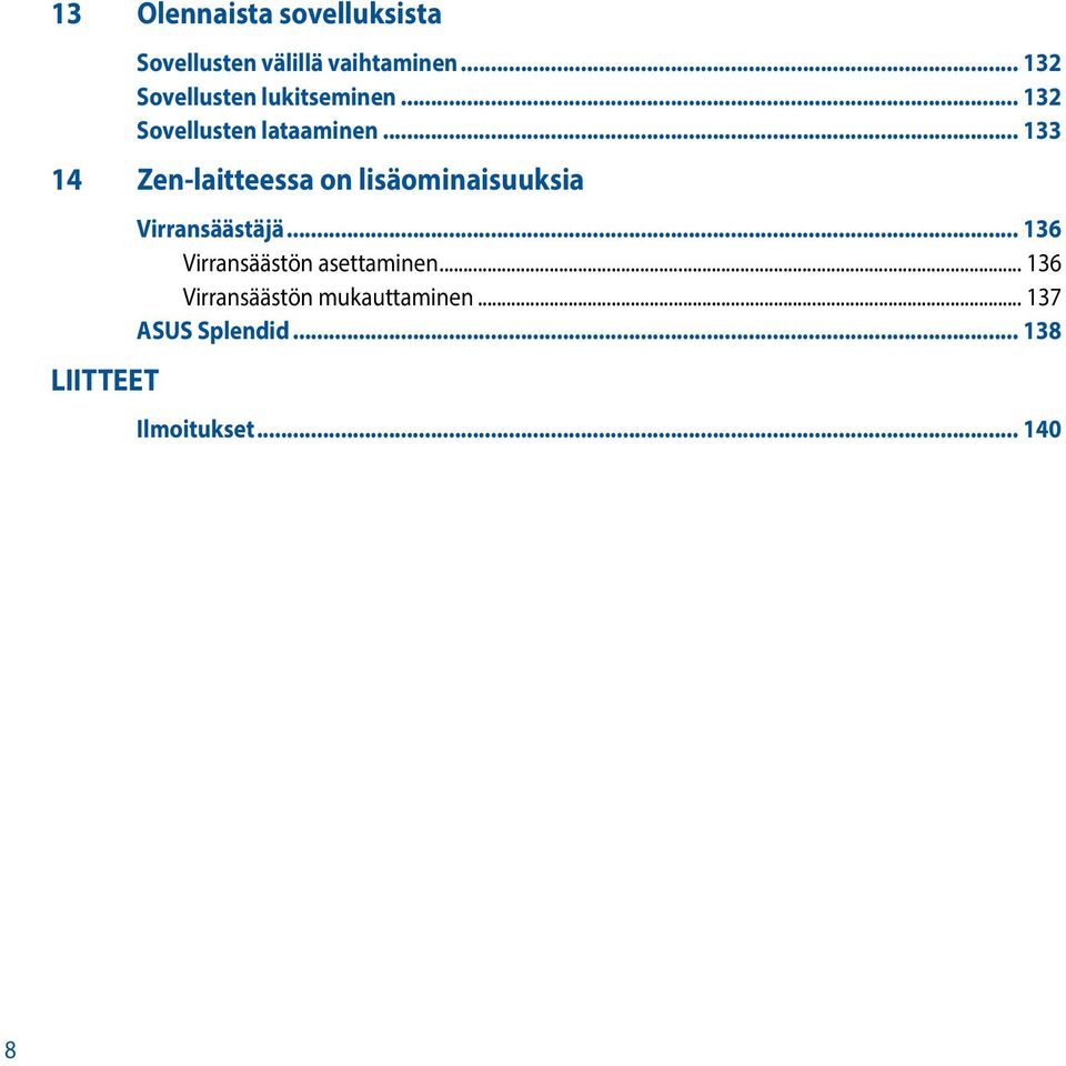 .. 133 14 Zen-laitteessa on lisäominaisuuksia LIITTEET Virransäästäjä.