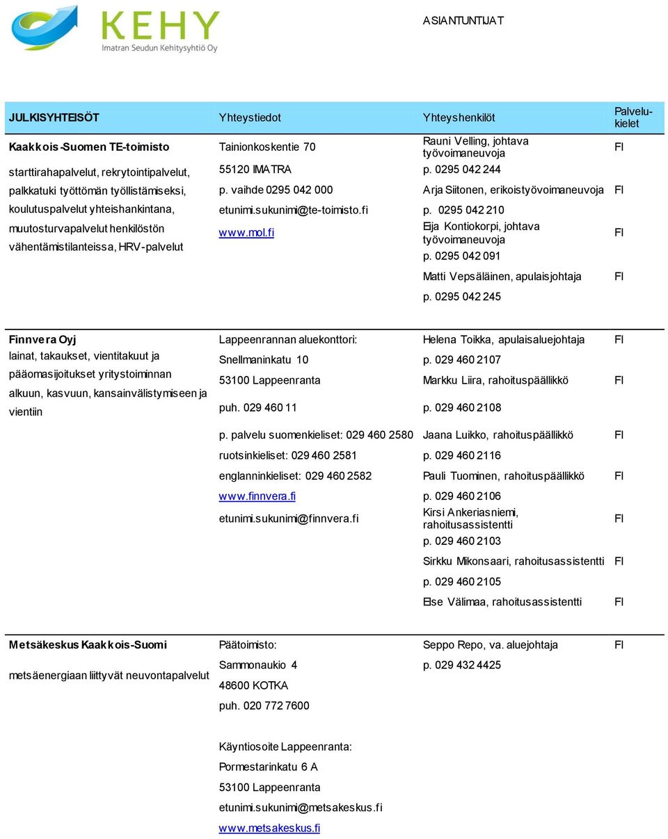 vaihde 0295 042 000 Arja Siitonen, erikoistyövoimaneuvoja etunimi.sukunimi@te-toimisto.fi p. 0295 042 210 www.mol.fi Eija Kontiokorpi, johtava työvoimaneuvoja p.