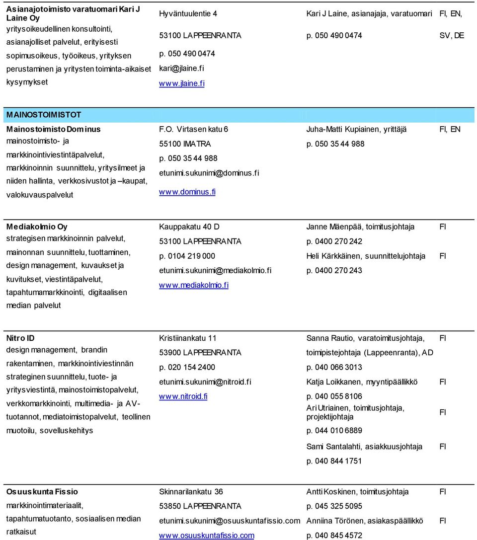 O. Virtasen katu 6 Juha-Matti Kupiainen, yrittäjä, EN mainostoimisto- ja 55100 IMATRA p.