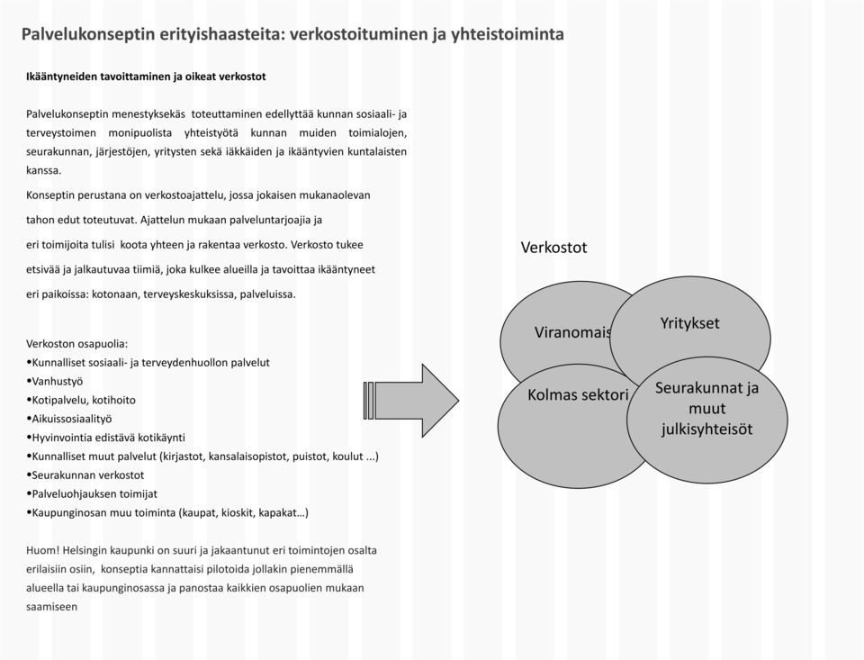 Konseptin perustana on verkostoajattelu, jossa jokaisen mukanaolevan tahon edut toteutuvat. Ajattelun mukaan palveluntarjoajia ja eri toimijoita tulisi koota yhteen ja rakentaa verkosto.