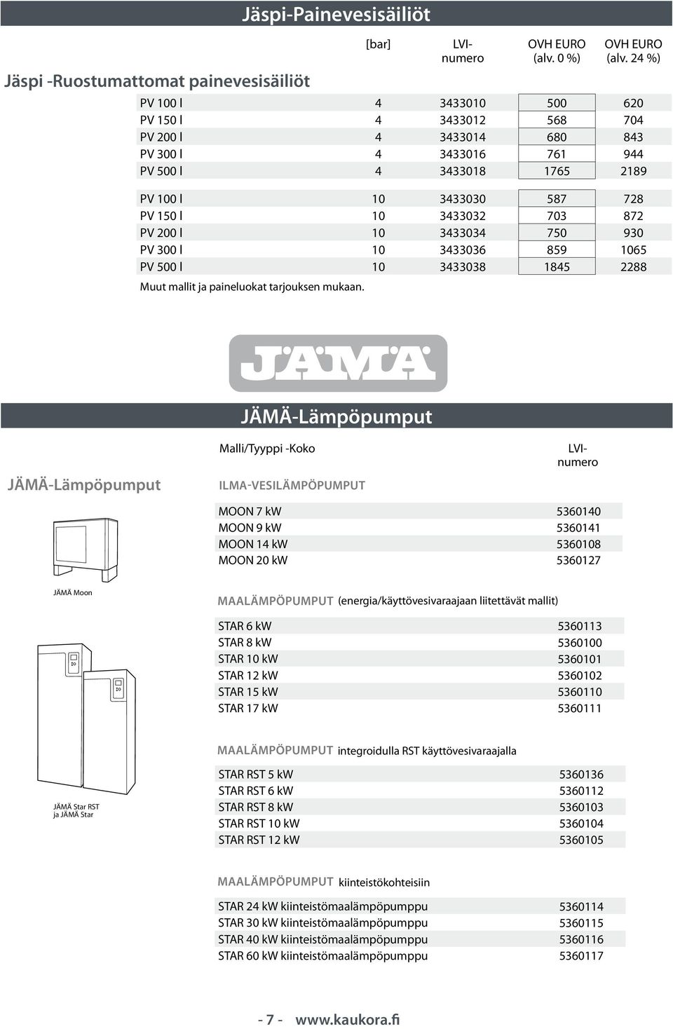 JÄMÄ-Lämpöpumput JÄMÄ-Lämpöpumput Malli/Tyyppi -Koko Ilma-vesilämpöpumput MOON 7 kw 5360140 MOON 9 kw 5360141 MOON 14 kw 5360108 MOON 20 kw 5360127 JÄMÄ Moon Maalämpöpumput