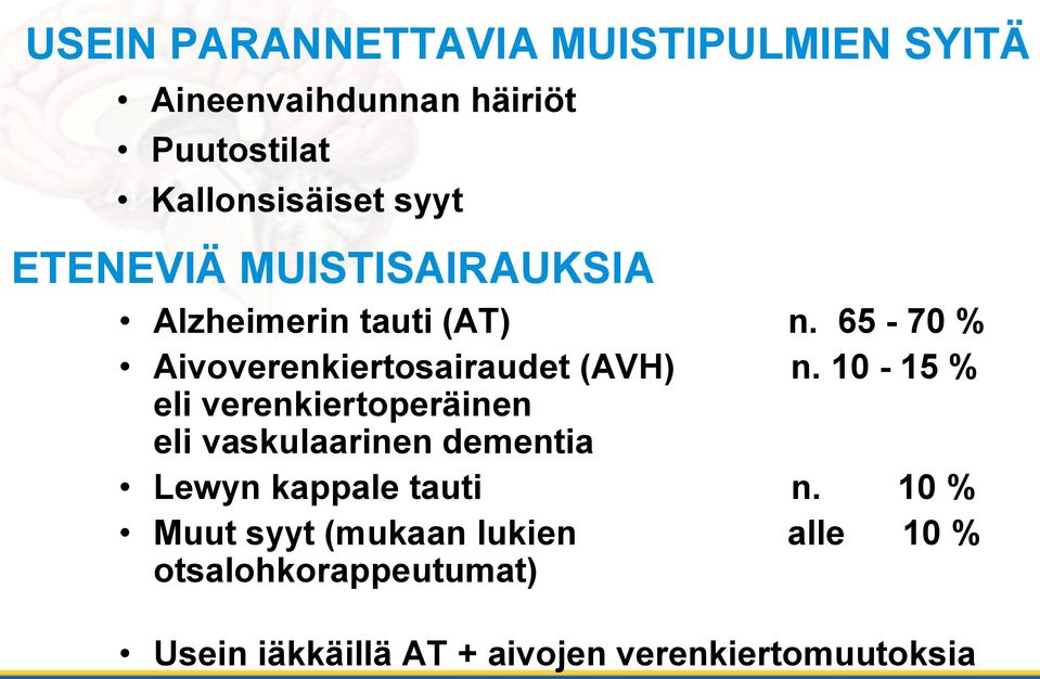 65-70 % Aivoverenkiertosairaudet (AVH) n.