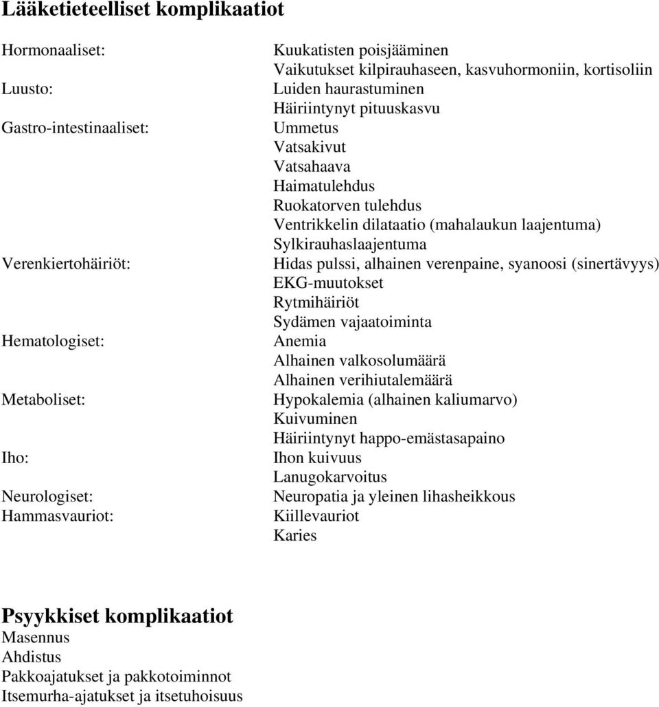 laajentuma) Sylkirauhaslaajentuma Hidas pulssi, alhainen verenpaine, syanoosi (sinertävyys) EKG-muutokset Rytmihäiriöt Sydämen vajaatoiminta Anemia Alhainen valkosolumäärä Alhainen verihiutalemäärä