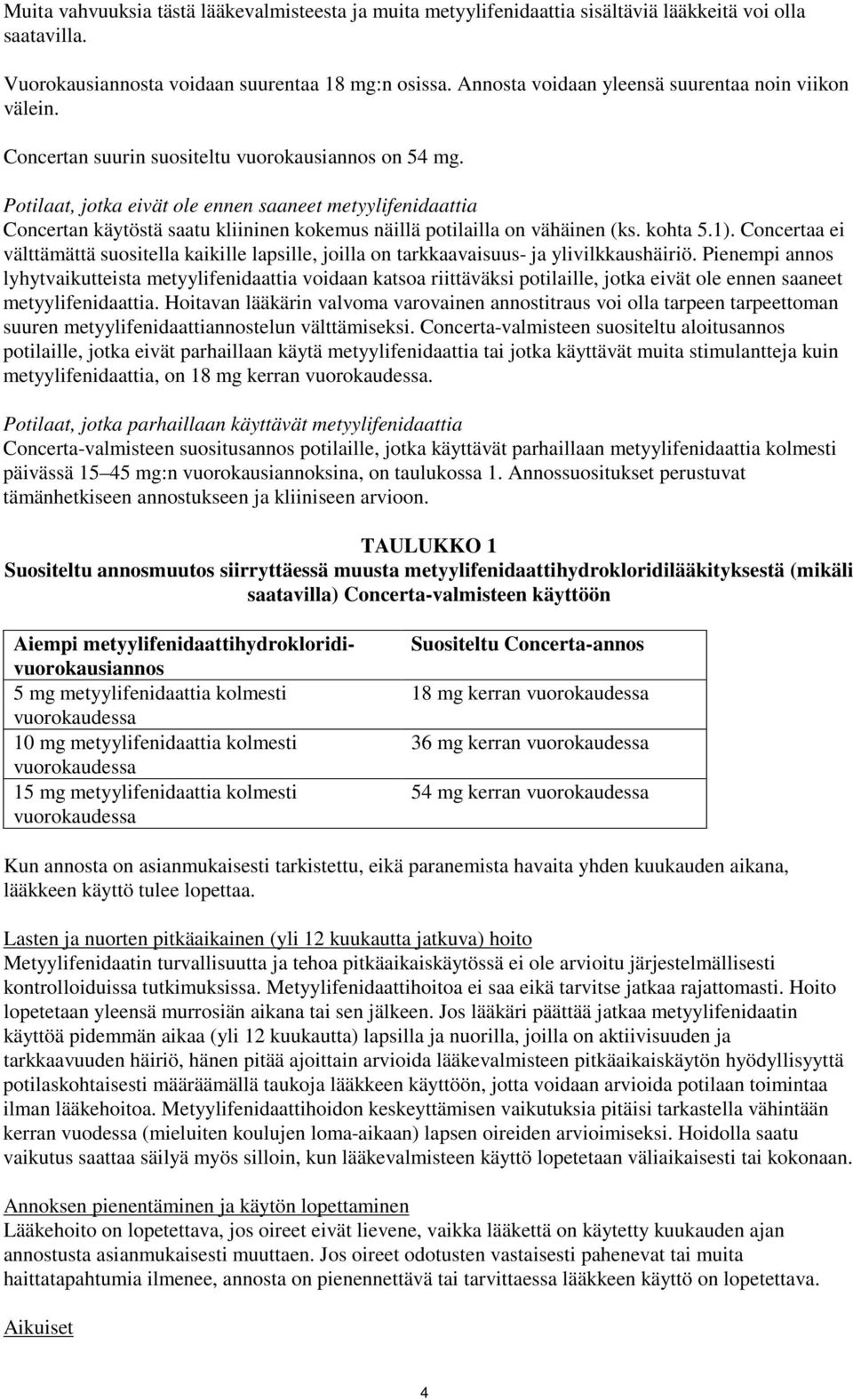 Potilaat, jotka eivät ole ennen saaneet metyylifenidaattia Concertan käytöstä saatu kliininen kokemus näillä potilailla on vähäinen (ks. kohta 5.1).