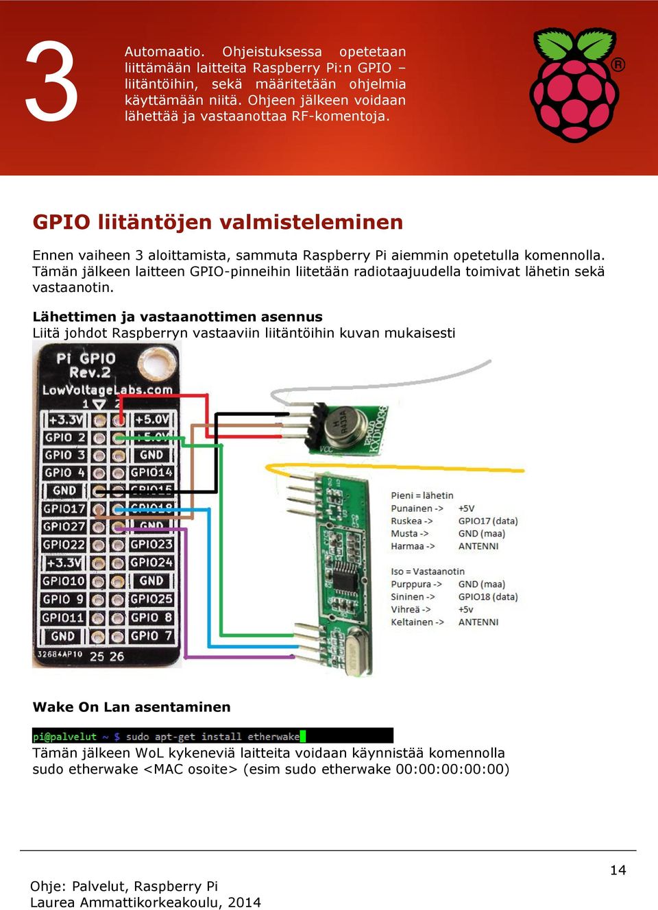 GPIO liitäntöjen valmisteleminen Ennen vaiheen 3 aloittamista, sammuta Raspberry Pi aiemmin opetetulla komennolla.