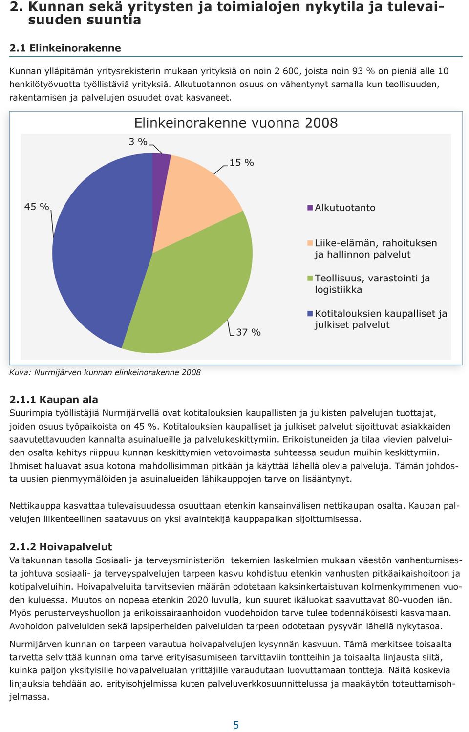 Alkutuotannon osuus on vähentynyt samalla kun teollisuuden, rakentamisen ja palvelujen osuudet ovat kasvaneet. Elinkeinorakenne vuonna 2008 Kuva: Nurmijärven kunnan elinkeinorakenne 2008 2.1.