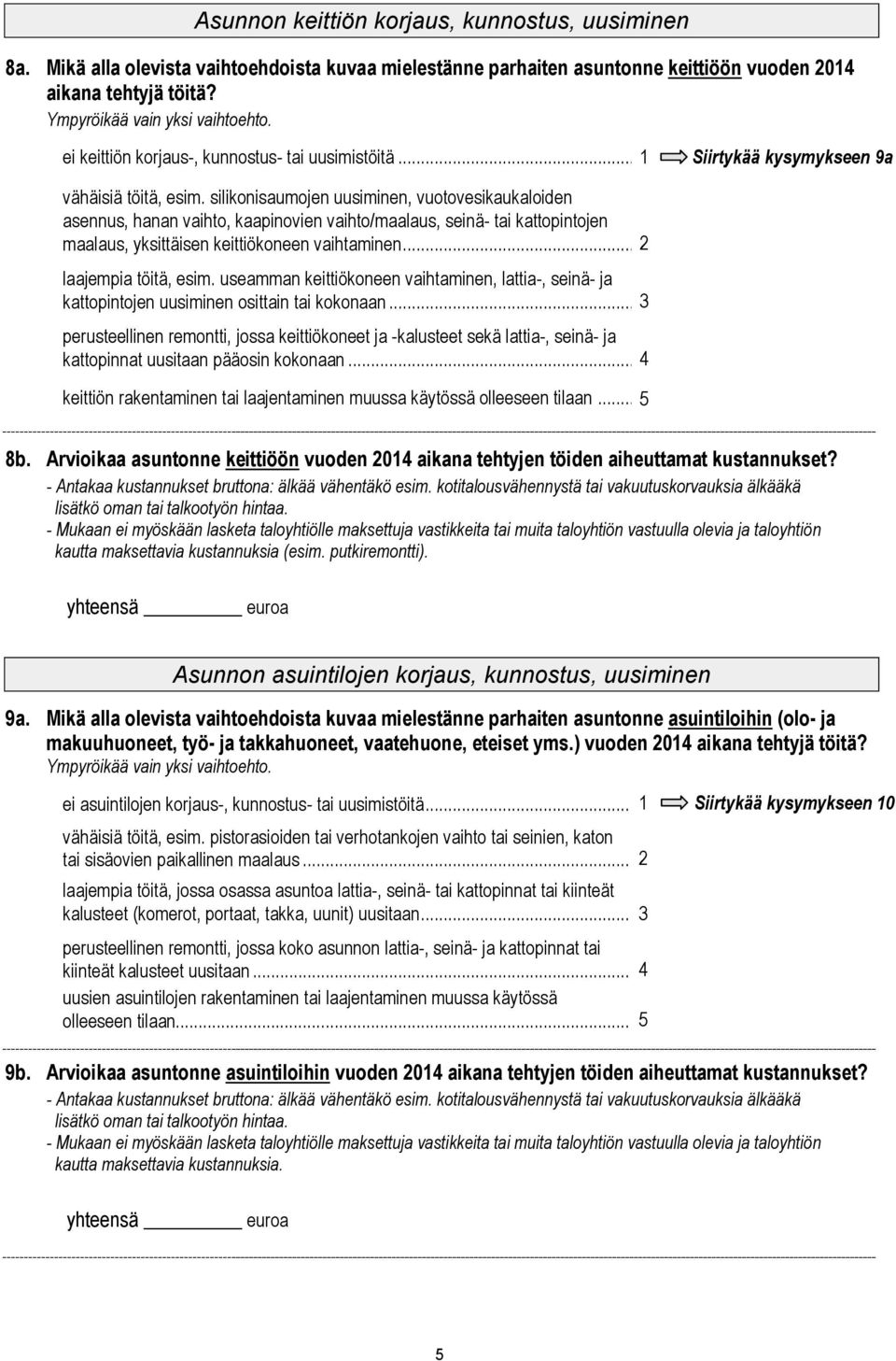 silikonisaumojen uusiminen, vuotovesikaukaloiden asennus, hanan vaihto, kaapinovien vaihto/maalaus, seinä- tai kattopintojen maalaus, yksittäisen keittiökoneen vaihtaminen... laajempia töitä, esim.