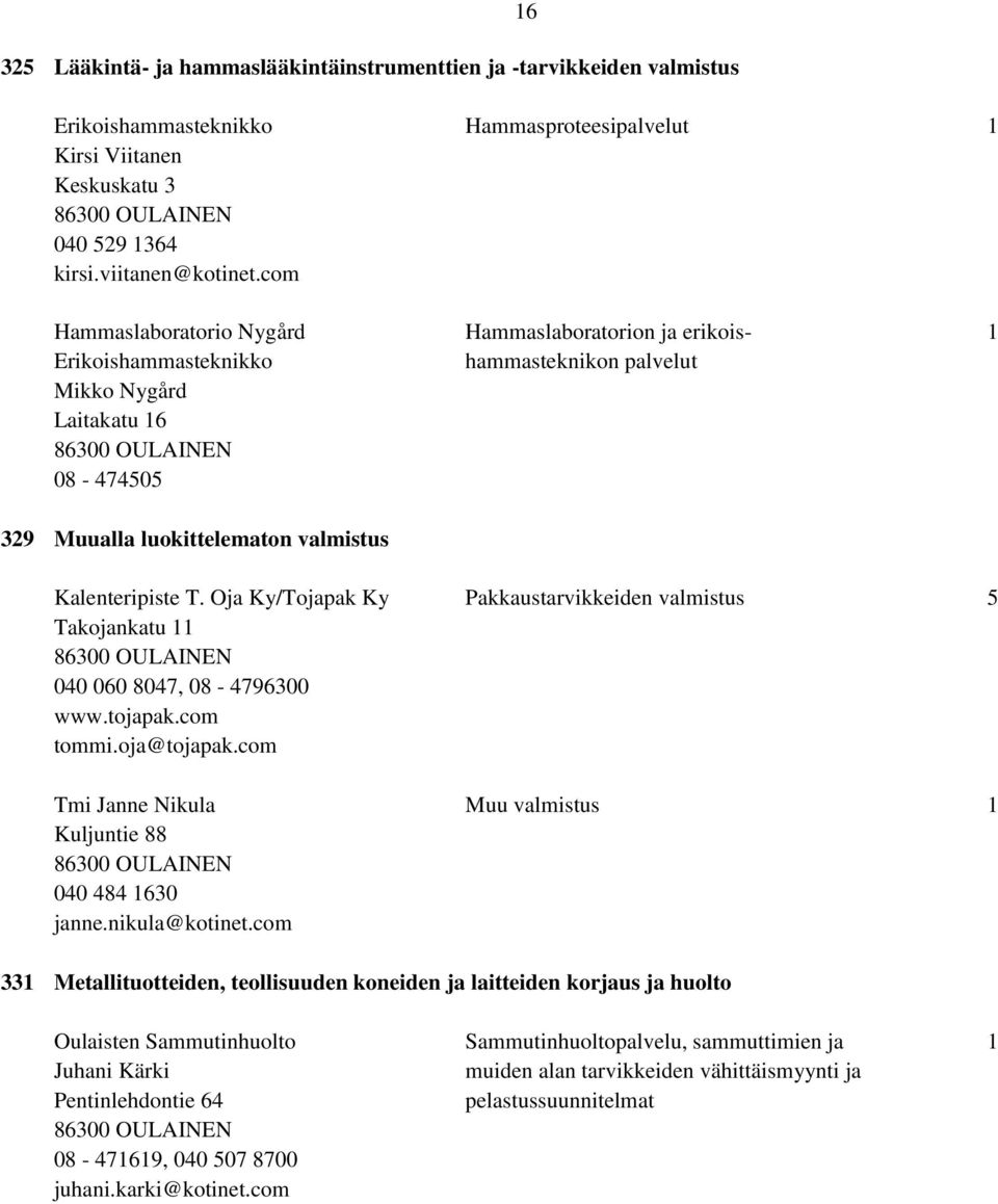 Oja Ky/Tojapak Ky Pakkaustarvikkeiden valmistus 5 Takojankatu 11 040 060 8047, 08-4796300 www.tojapak.com tommi.oja@tojapak.com Tmi Janne Nikula Muu valmistus 1 Kuljuntie 88 040 484 1630 janne.