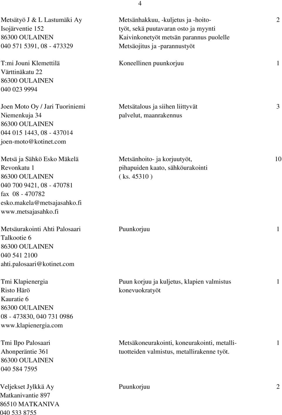 1443, 08-437014 joen-moto@kotinet.com Metsä ja Sähkö Esko Mäkelä Metsänhoito- ja korjuutyöt, 10 Revonkatu 1 pihapuiden kaato, sähköurakointi ( ks. 45310 ) 040 700 9421, 08-470781 fax 08-470782 esko.