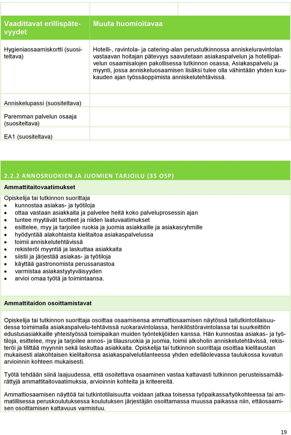työssäoppimista anniskelutehtävissä. Anniskelupassi (suositeltava) Paremman palvelun osaaja (suositeltava) EA1 (suositeltava) 2.