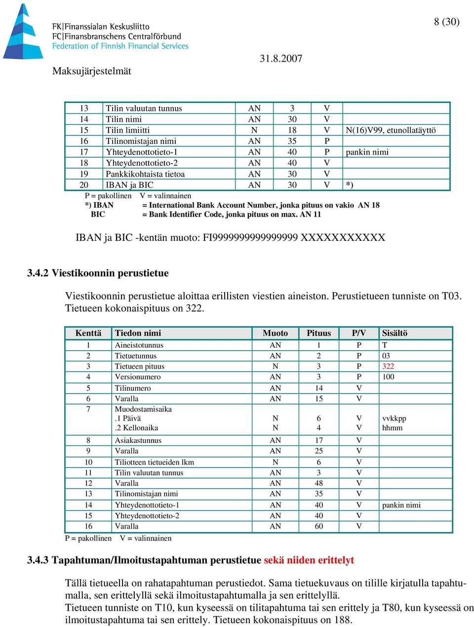 11 IB ja BIC -kentän muoto: FI9999999999999999 XXXXXXXXXXX 3.4.2 Viestikoonnin perustietue Viestikoonnin perustietue aloittaa erillisten viestien aineiston. erustietueen tunniste on T03.