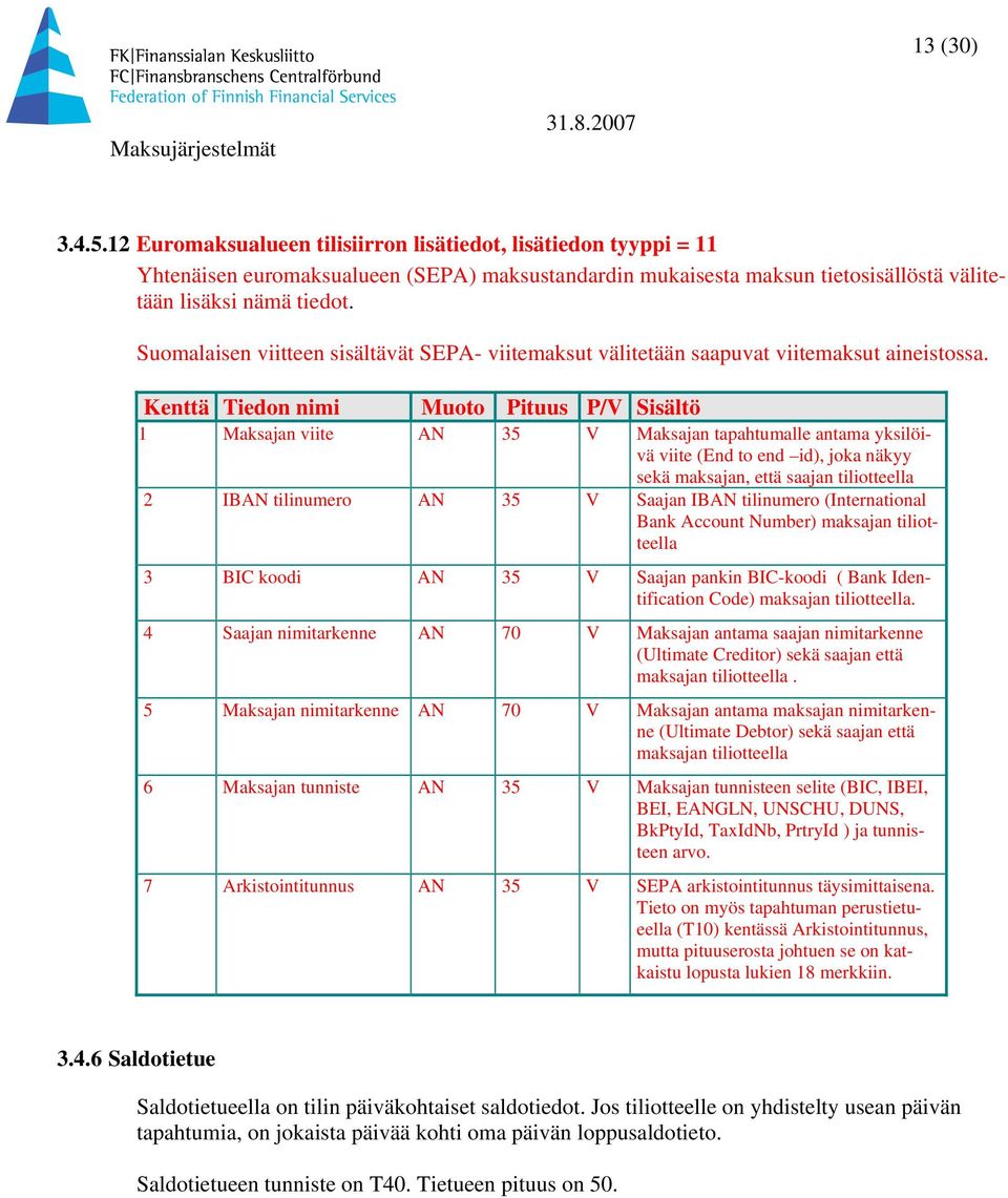 Kenttä Tiedon nimi Muoto ituus /V Sisältö 1 Maksajan viite 35 V Maksajan tapahtumalle antama yksilöivä viite (End to end id), joka näkyy sekä maksajan, että saajan tiliotteella 2 IB tilinumero 35 V