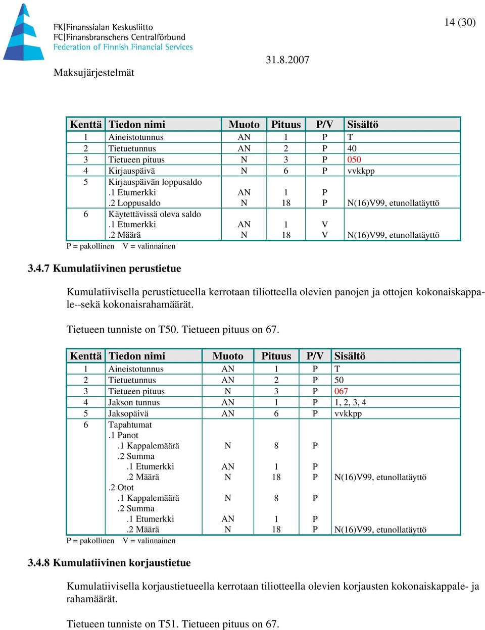 7 Kumulatiivinen perustietue 1 18 1 18 V V (16)V99, etunollatäyttö (16)V99, etunollatäyttö Kumulatiivisella perustietueella kerrotaan tiliotteella olevien panojen ja ottojen kokonaiskappale- sekä