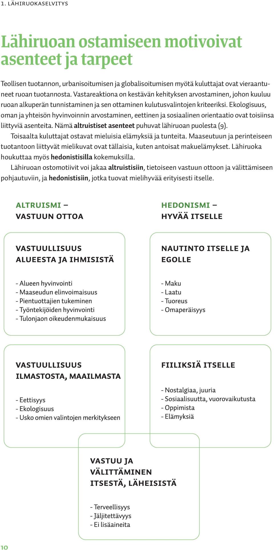 Ekologisuus, oman ja yhteisön hyvinvoinnin arvostaminen, eettinen ja sosiaalinen orientaatio ovat toisiinsa liittyviä asenteita. Nämä altruistiset asenteet puhuvat lähiruoan puolesta (9).