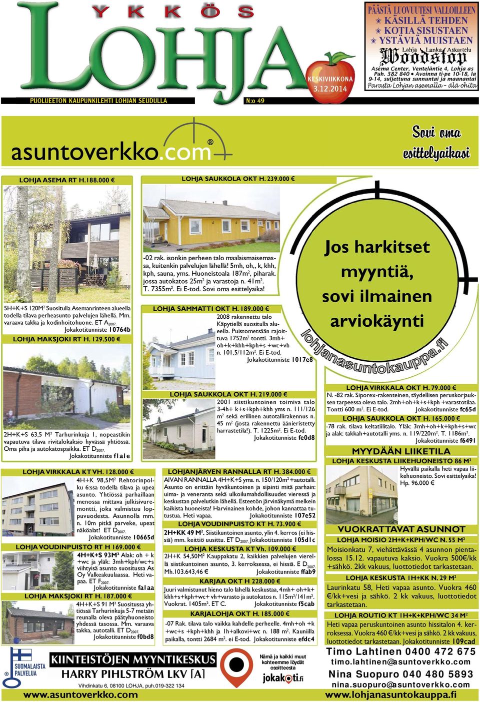 000 LOHJA SAUKKOLA OKT H. 239.000 5H+K+S 120M 2 Suositulla Asemanrinteen alueella todella tilava perheasunto palvelujen lähellä. Mm. varaava takka ja kodinhoitohuone. ET A 2007.