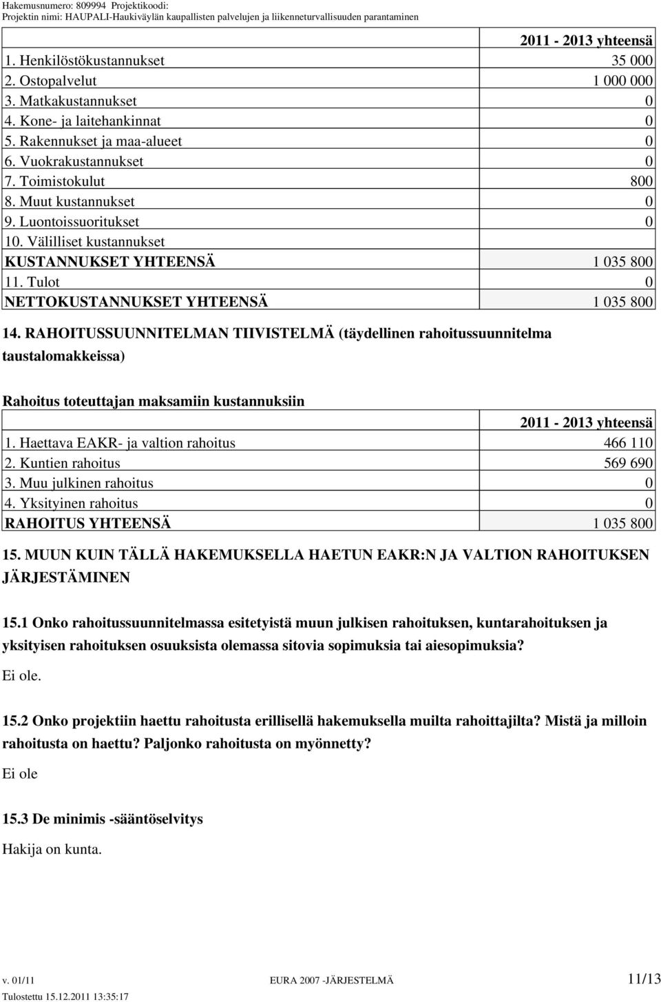 RAHOITUSSUUNNITELMAN TIIVISTELMÄ (täydellinen rahoitussuunnitelma taustalomakkeissa) Rahoitus toteuttajan maksamiin kustannuksiin 2011-2013 yhteensä 1. Haettava EAKR- ja valtion rahoitus 466 110 2.