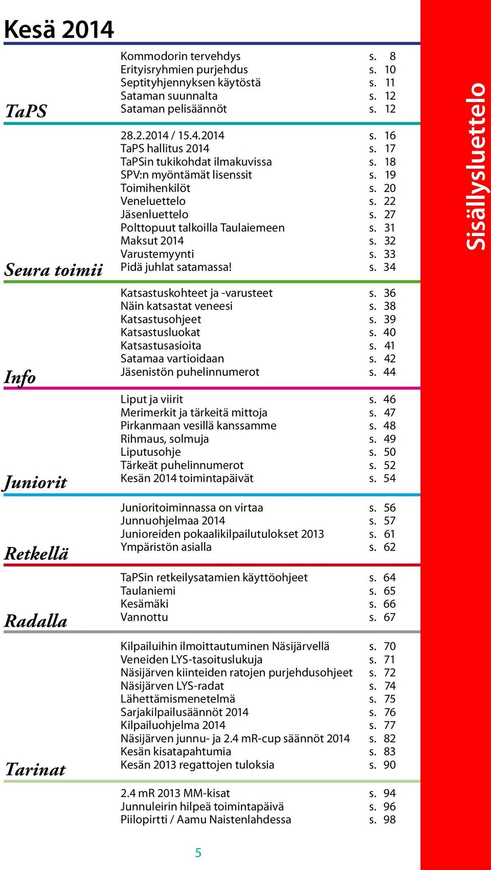 22 Jäsenluettelo s. 27 Polttopuut talkoilla Taulaiemeen s. 31 Maksut 2014 s. 32 Varustemyynti s. 33 Pidä juhlat satamassa! s. 34 Katsastuskohteet ja -varusteet s. 36 Näin katsastat veneesi s.