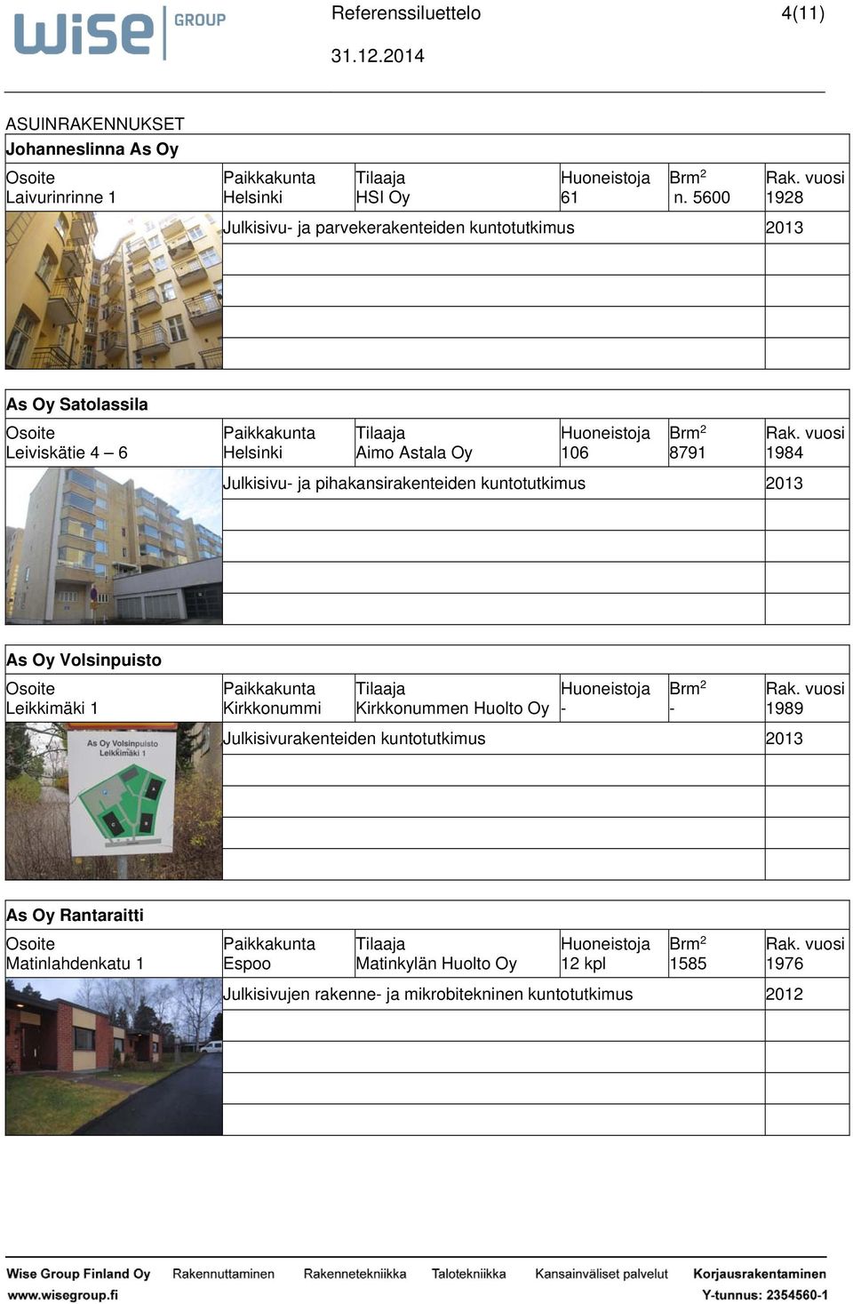 Julkisivu ja pihakansirakenteiden kuntotutkimus 2013 1984 As Oy Volsinpuisto Leikkimäki 1 Kirkkonummi Kirkkonummen Huolto Oy