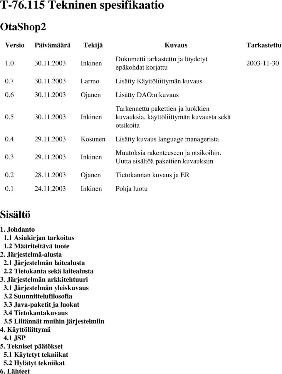 3 29.11.2003 Inkinen Muutoksia rakenteeseen ja otsikoihin. Uutta sisältöä pakettien kuvauksiin 0.2 28.11.2003 Ojanen Tietokannan kuvaus ja ER 0.1 24.11.2003 Inkinen Pohja luotu Sisältö 1. Johdanto 1.