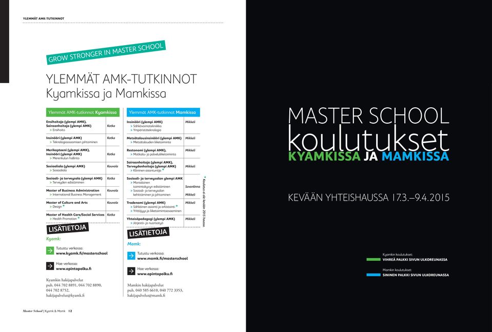 Ylemmät AMK-tutkinnot Mamkissa Insinööri (ylempi AMK) > Sähkövoimatekniikka > Ympäristöteknologia Metsätalousinsinööri (ylempi AMK) > Metsätalouden liiketoiminta Restonomi (ylempi AMK), > Matkailu-