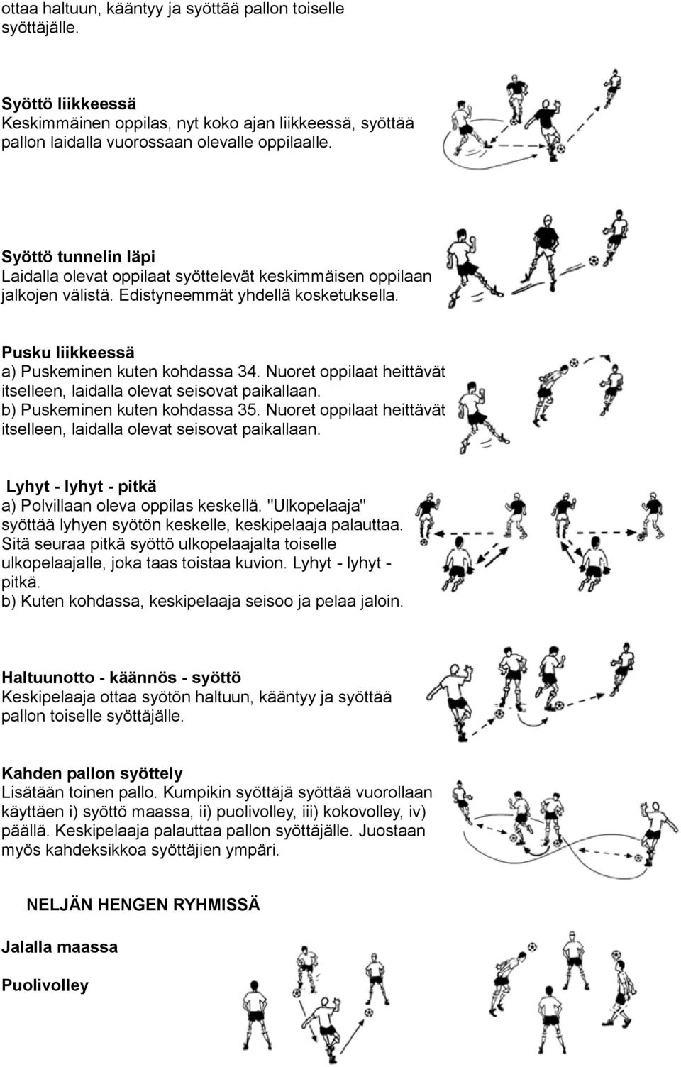 Nuoret oppilaat heittävät itselleen, laidalla olevat seisovat paikallaan. b) Puskeminen kuten kohdassa 35. Nuoret oppilaat heittävät itselleen, laidalla olevat seisovat paikallaan.