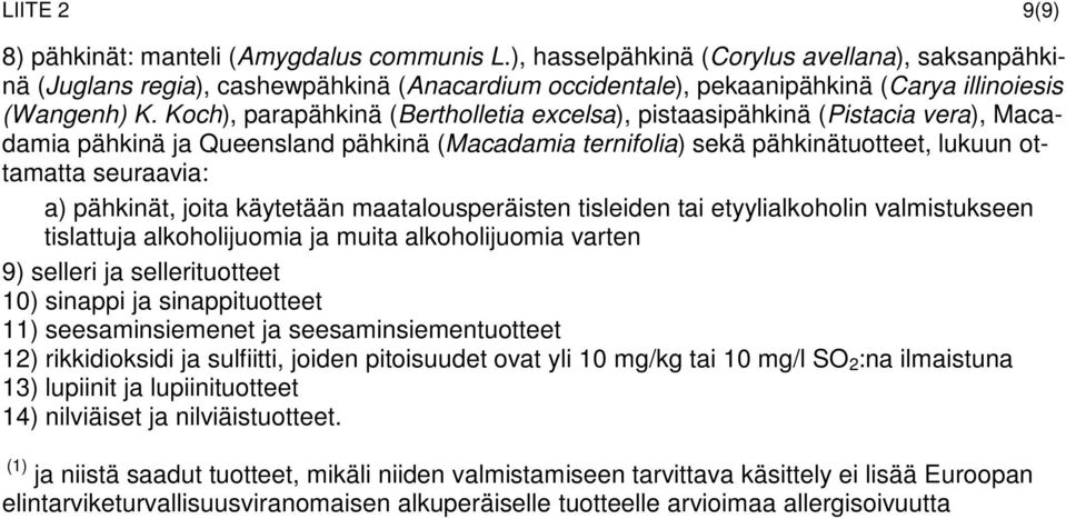 Koch), parapähkinä (Bertholletia excelsa), pistaasipähkinä (Pistacia vera), Macadamia pähkinä ja Queensland pähkinä (Macadamia ternifolia) sekä pähkinätuotteet, lukuun ottamatta seuraavia: a)