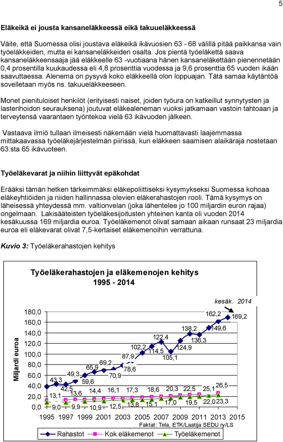 Jos pientä työeläkettä saava kansaneläkkeensaaja jää eläkkeelle 63 -vuotiaana hänen kansaneläkettään pienennetään 0,4 prosentilla kuukaudessa eli 4,8 prosenttia vuodessa ja 9,6 prosenttia 65 vuoden