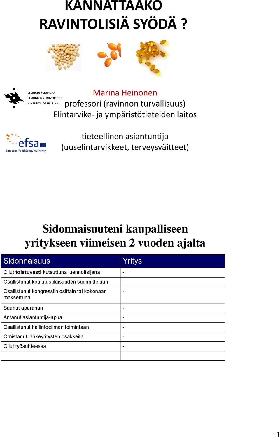 terveysväitteet) Sidonnaisuuteni kaupalliseen yritykseen viimeisen 2 vuoden ajalta Sidonnaisuus Ollut toistuvasti kutsuttuna luennoitsijana -