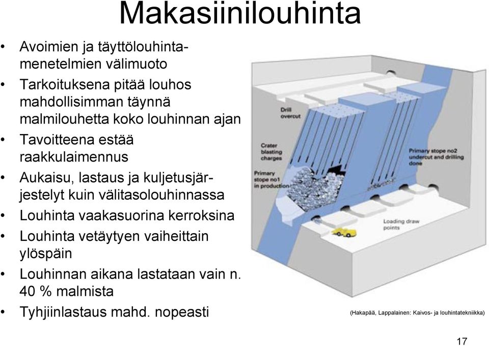 kuljetusjärjestelyt kuin välitasolouhinnassa Louhinta vaakasuorina kerroksina Louhinta vetäytyen vaiheittain