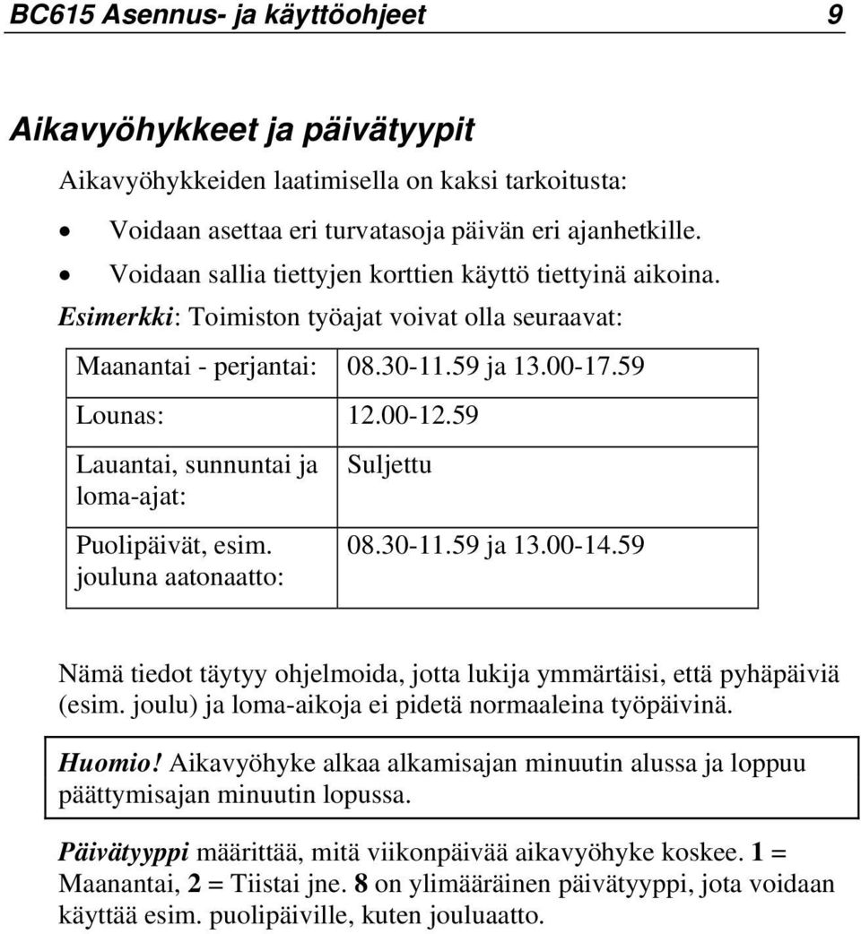 59 Lauantai, sunnuntai ja loma-ajat: Puolipäivät, esim. jouluna aatonaatto: Suljettu 08.30-11.59 ja 13.00-14.59 Nämä tiedot täytyy ohjelmoida, jotta lukija ymmärtäisi, että pyhäpäiviä (esim.