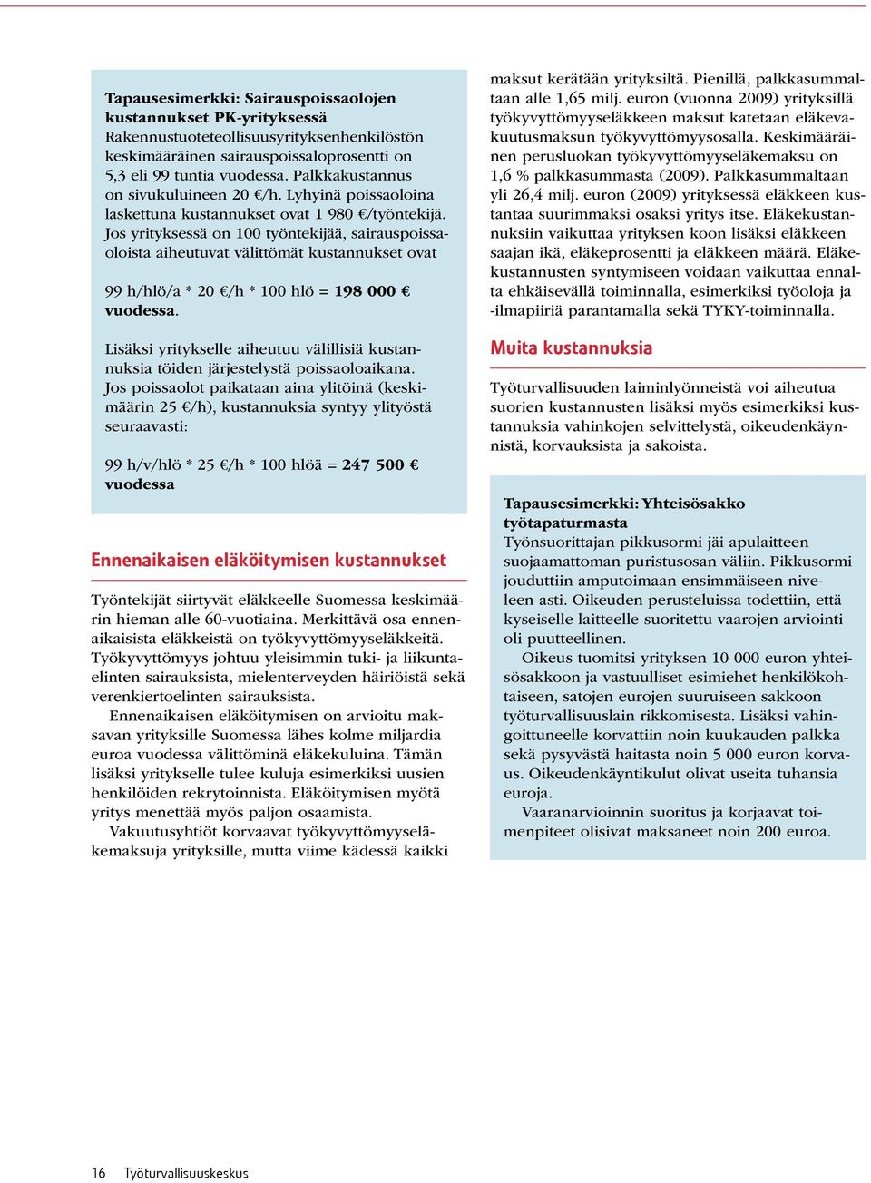 Jos yrityksessä on 100 työntekijää, sairauspoissaoloista aiheutuvat välittömät kustannukset ovat 99 h/hlö/a * 20 /h * 100 hlö = 198 000 vuodessa.