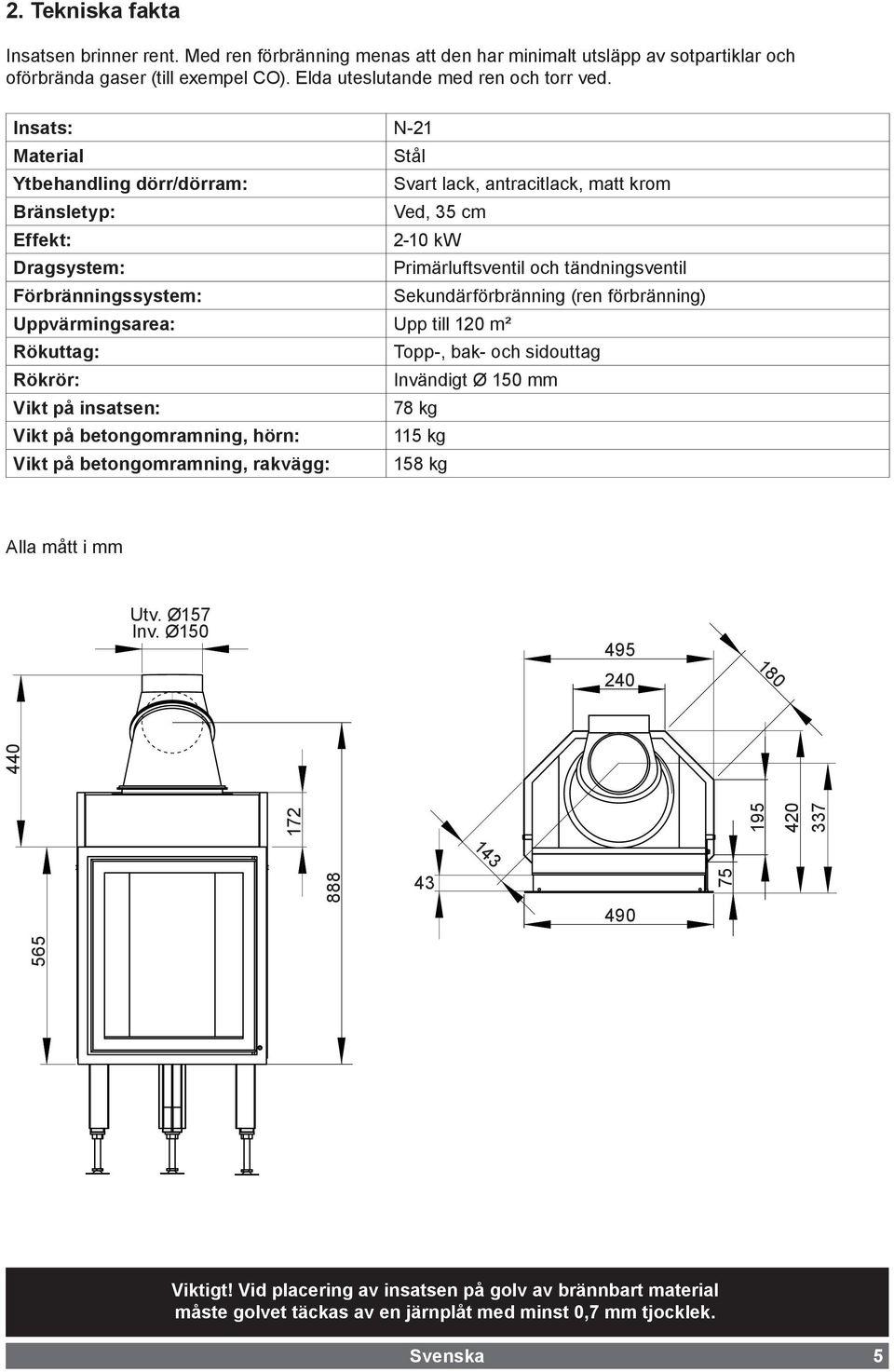 Sekundärförbränning (ren förbränning) Uppvärmingsarea: Upp till 120 m² Rökuttag: Topp-, bak- och sidouttag Rökrör: Invändigt Ø 150 mm Vikt på insatsen: 78 kg Vikt på betongomramning, hörn: 115 kg