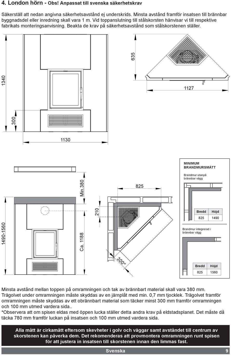 Beakta de krav på säkerhetsavstånd som stålskorstenen ställer. 1340 300 635 1127 1130 MINIMUM BRANDMURSMÅTT Min.380 825 Brandmur utanpå brännbar vägg 210 Bredd Höjd 825 1490 1490-1560 Ca.